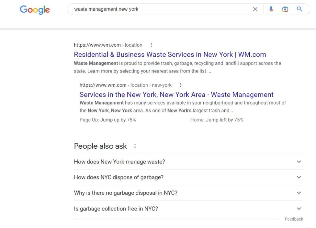 Waste Management new york google results page