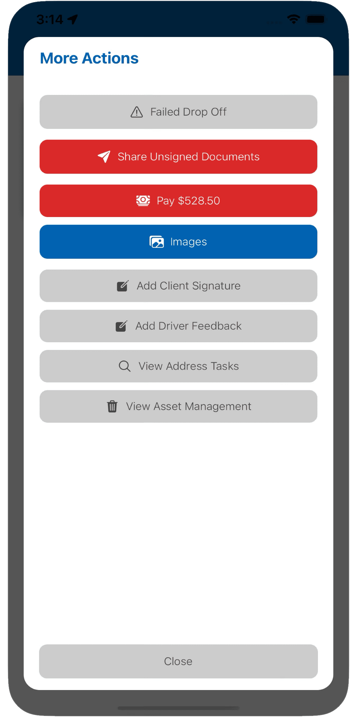 Actions menu in Docket Mobile App for managing dumpster tasks