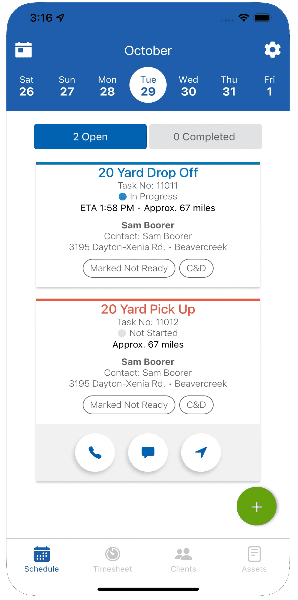Driver schedule screen in Dumpster Rental App